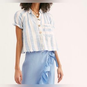 We The Free People “Away At Sea” Linen Beach Blouse Striped Buttons Medium M